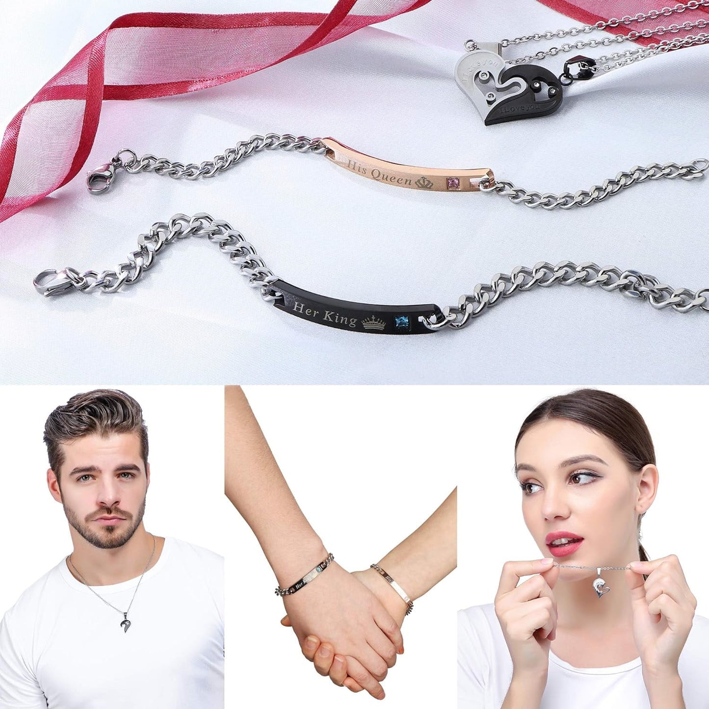 Fitting 4-Piece Couple Necklace & Bracelets Jewelry Set, Stainless Steel, Heart Pendant