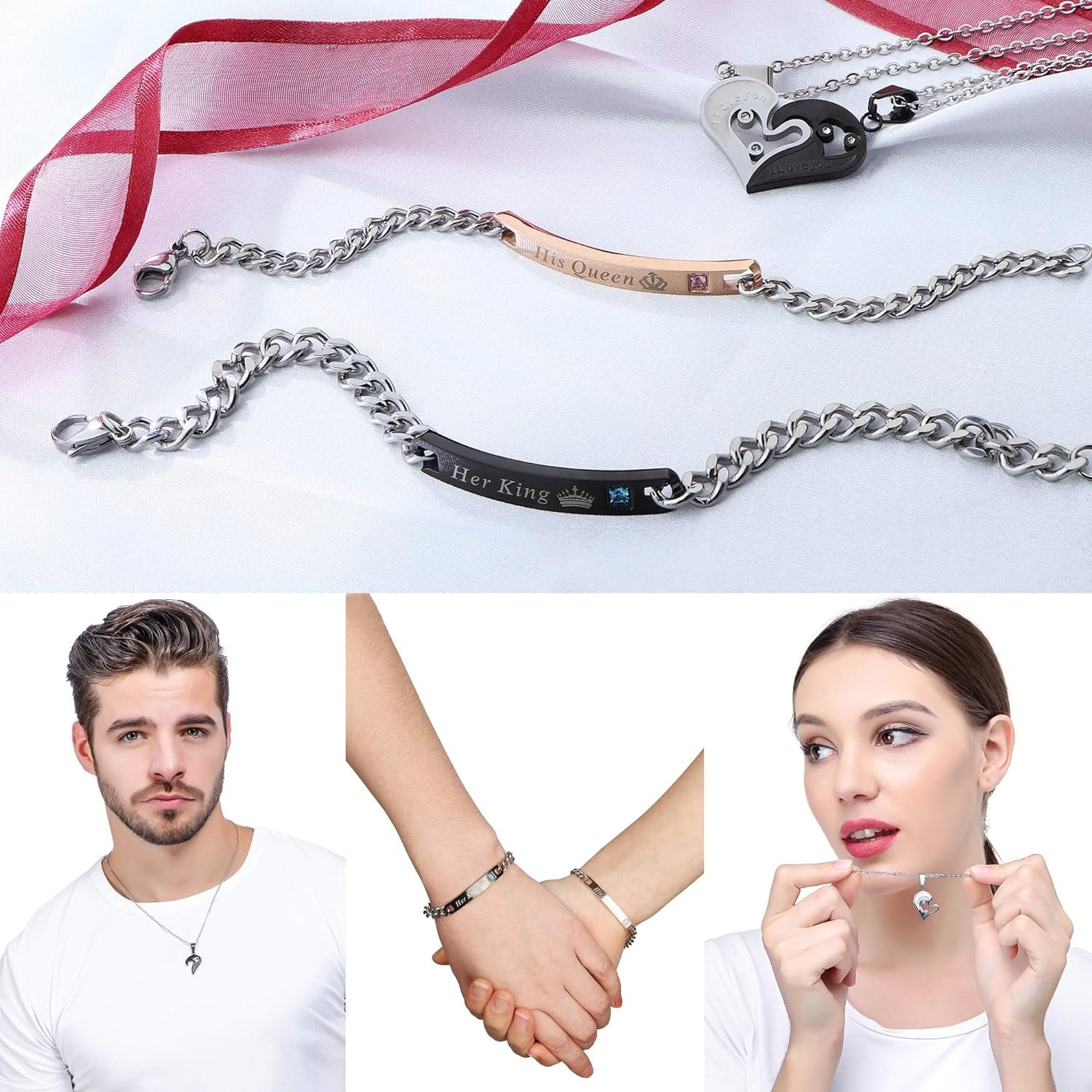 Fitting 4-Piece Couple Necklace & Bracelets Jewelry Set, Stainless Steel, Heart Pendant