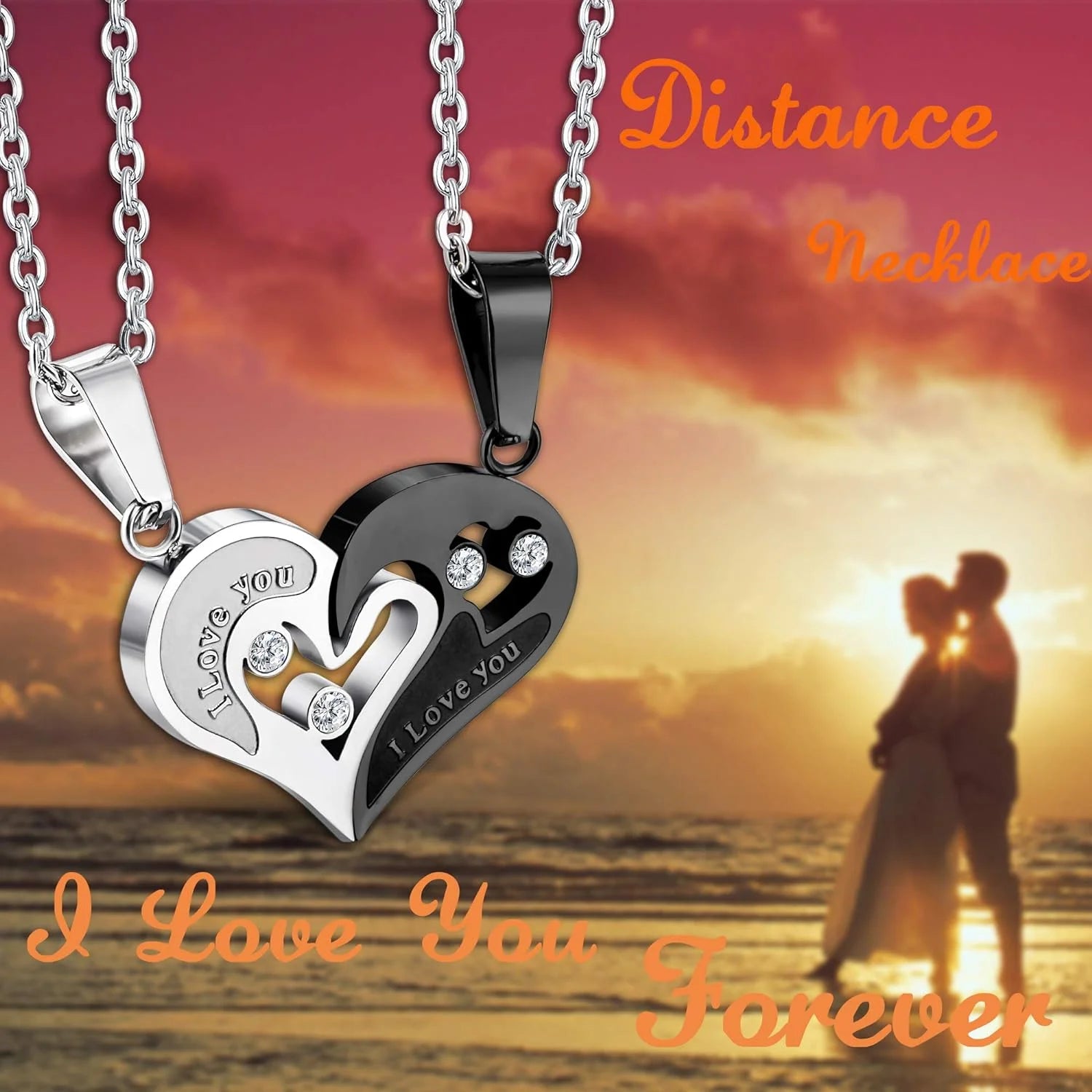 Fitting 4-Piece Couple Necklace & Bracelets Jewelry Set, Stainless Steel, Heart Pendant