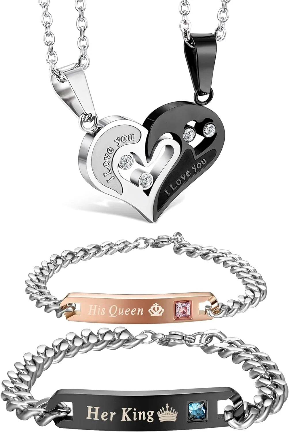 Fitting 4-Piece Couple Necklace & Bracelets Jewelry Set, Stainless Steel, Heart Pendant