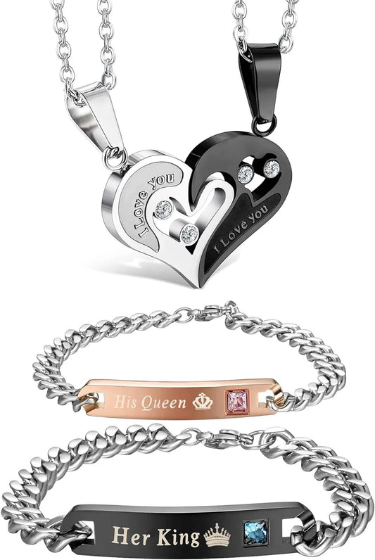 Fitting 4-Piece Couple Necklace & Bracelets Jewelry Set, Stainless Steel, Heart Pendant