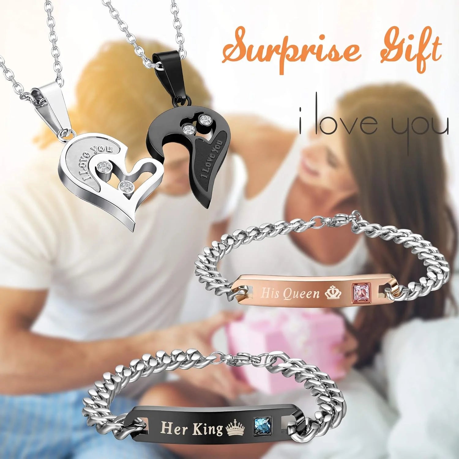 Fitting 4-Piece Couple Necklace & Bracelets Jewelry Set, Stainless Steel, Heart Pendant